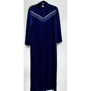 Vtg Blue Velour House Coat Robe M Zip Long Sleeves Cozy Modest Full Length Long